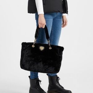 NWT Juicy Couture Black and Gold Heart Tag Faux Fur Tote Bag